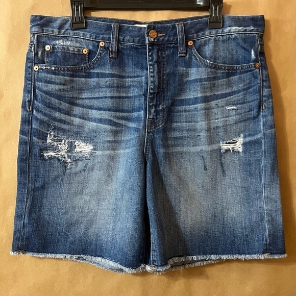 Madewell | Distressed High Rise Longline Denim Shorts Bermuda Raw Hem Size 29 - Picture 1 of 9